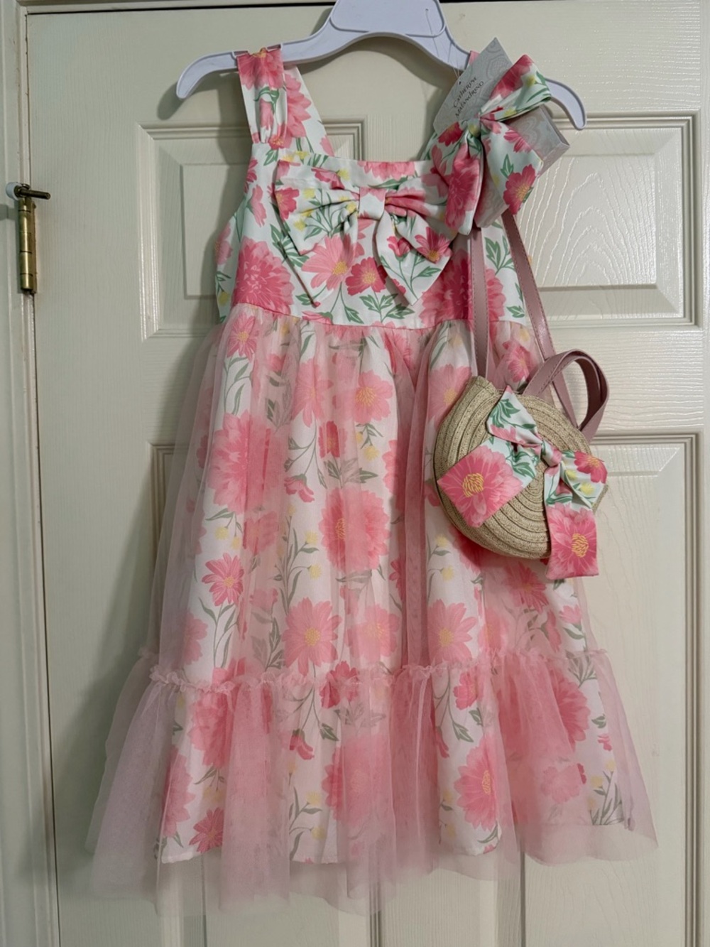 Catherine Malandrino Pink Floral Tulle Dress with Hair bow and Purse